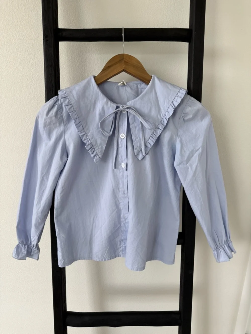 Girls' Light Blue Ruffled Peter Pan Collar Blouse Size 140